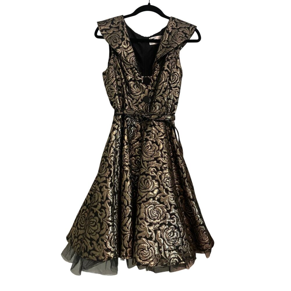 Tatyana Fit & Flare Cocktail Dress Large Retro Party Black Gold Rose Brocade - Picture 2 of 8